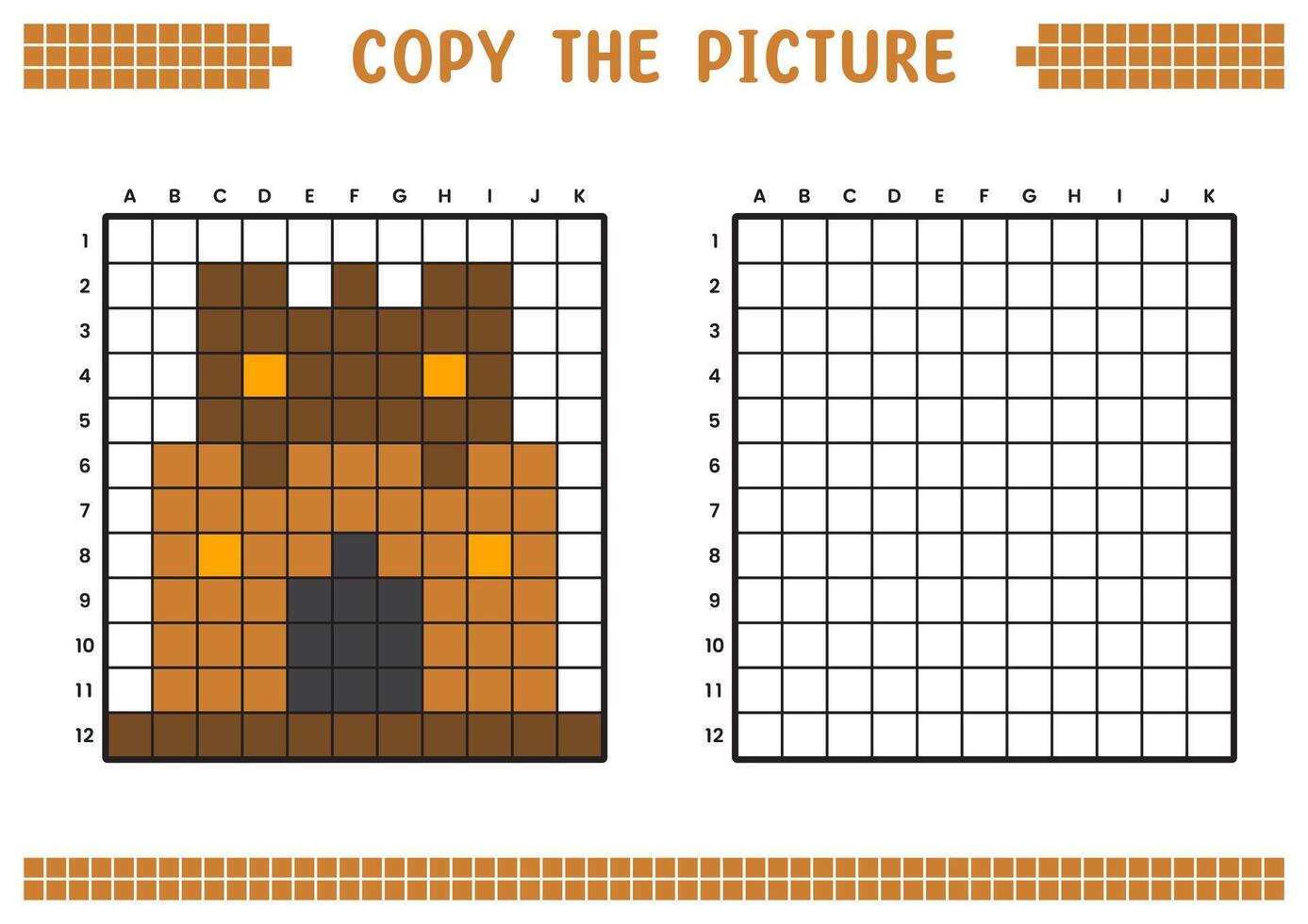 kopia de bild, komplett de rutnät bild. pedagogisk kalkylblad teckning med rutor, färg cell områden. barns förskola aktiviteter. tecknad serie, pixel konst. kunglig fästning illustration. vektor