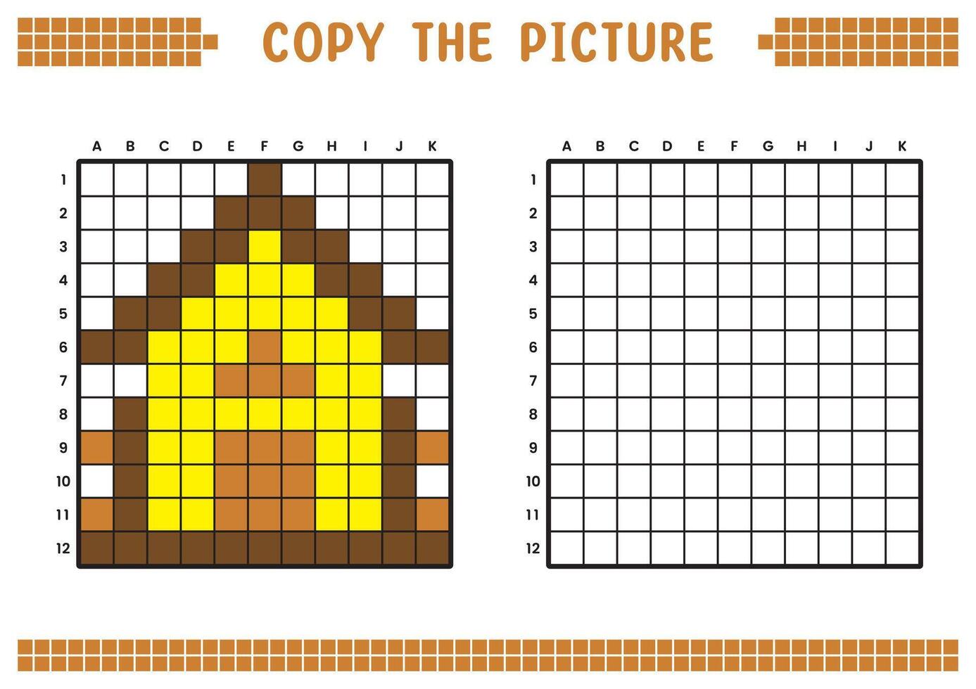 Kopieren das Bild, Komplett das Gitter Bild. lehrreich Arbeitsblätter Zeichnung mit Quadrate, Färbung Zelle Bereiche. Kinder- Vorschule Aktivitäten. Karikatur, Pixel Kunst. Haus Illustration. vektor