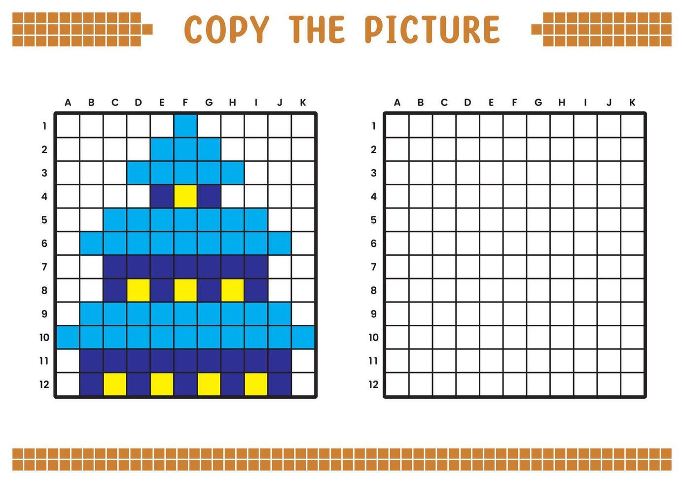 kopia de bild, komplett de rutnät bild. pedagogisk kalkylblad teckning med rutor, färg cell områden. barns förskola aktiviteter. tecknad serie, pixel konst. tempel byggnad illustration. vektor