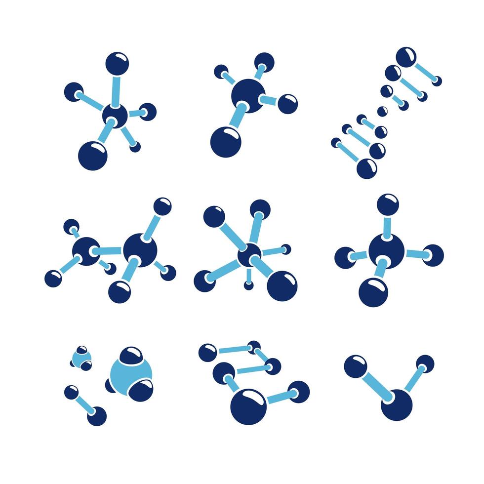 Reihe von Molekülmodellen. isolierte dna- und molekülvektorikonenschablone vektor