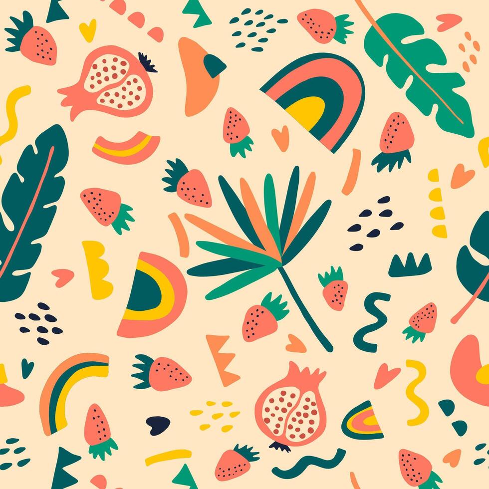 zeitgenössisch tropisch Obst mischen nahtlos Muster. Erdbeere, Monstera, Granatapfel auf Rosa Hintergrund. Sommer- Design zum Abdeckung, Stoff. vektor