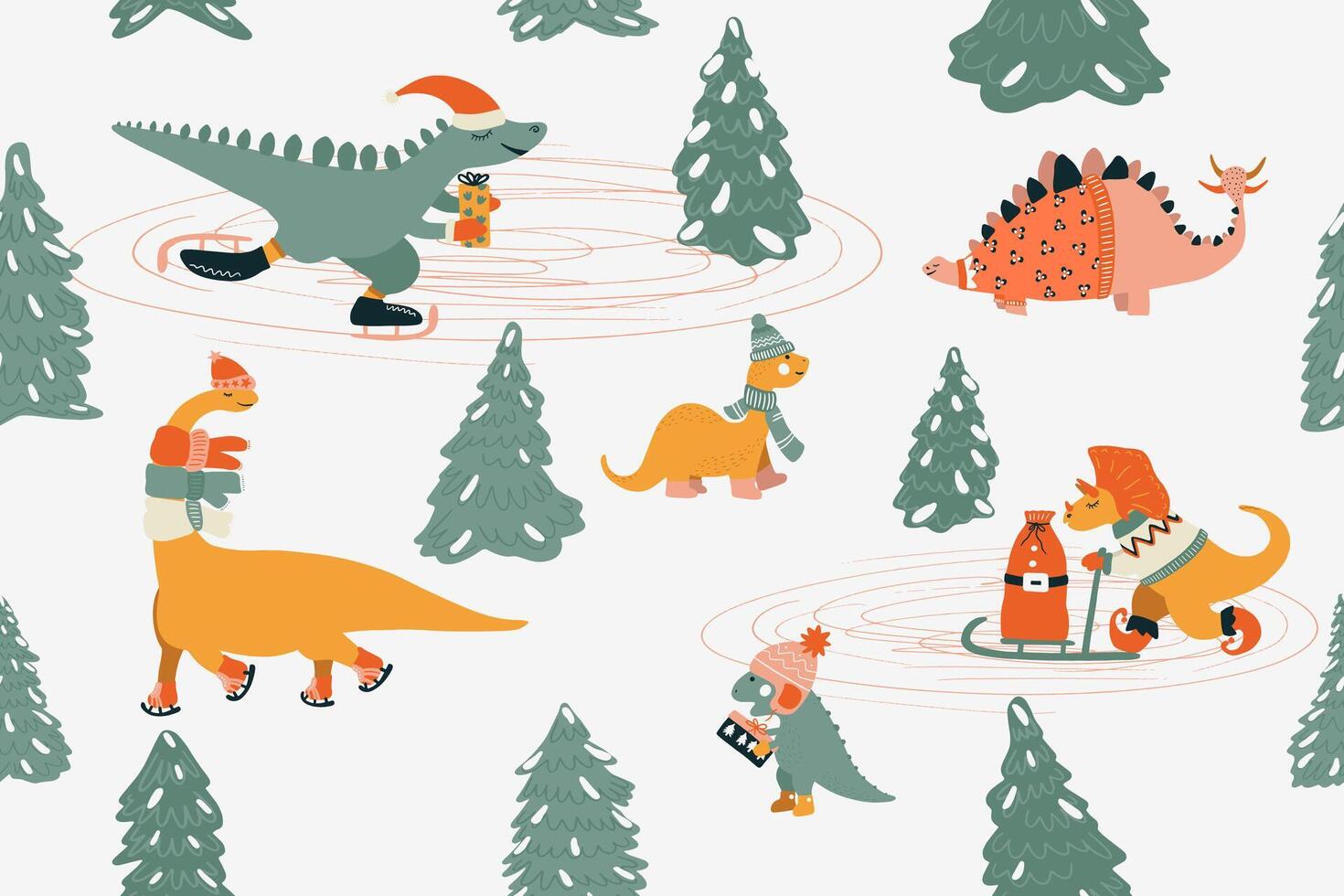 Dinosaurier Weihnachten nahtlos Muster mit süß Dino und andere Fantastisch Winter Elemente. Geschenke, Weihnachten Baum, Rollschuhe, finnisch Schlitten. Karikatur Illustration. vektor