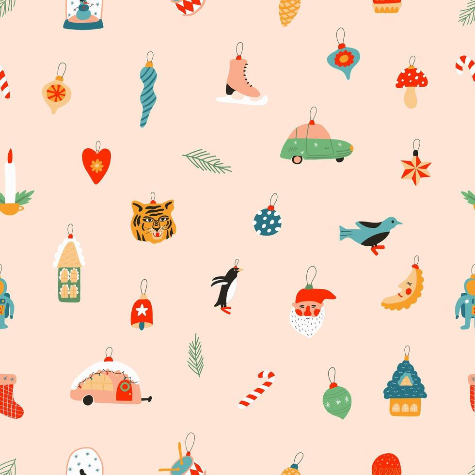 ny år sömlös mönster med söt rolig jul leksaker. tiger, bil, santa claus, giftsvamp och Övrig jul leksaker. bakgrund för gåva omslag eller tyg design. illustration vektor