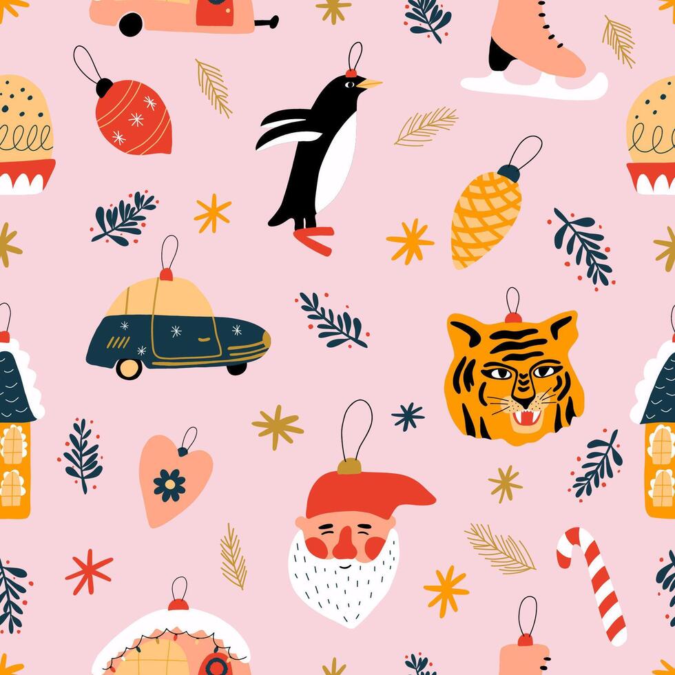 ny år sömlös mönster med söt rolig jul leksaker. tiger, bil, santa claus och Övrig jul leksaker. bakgrund för gåva omslag eller tyg design. illustration. vektor