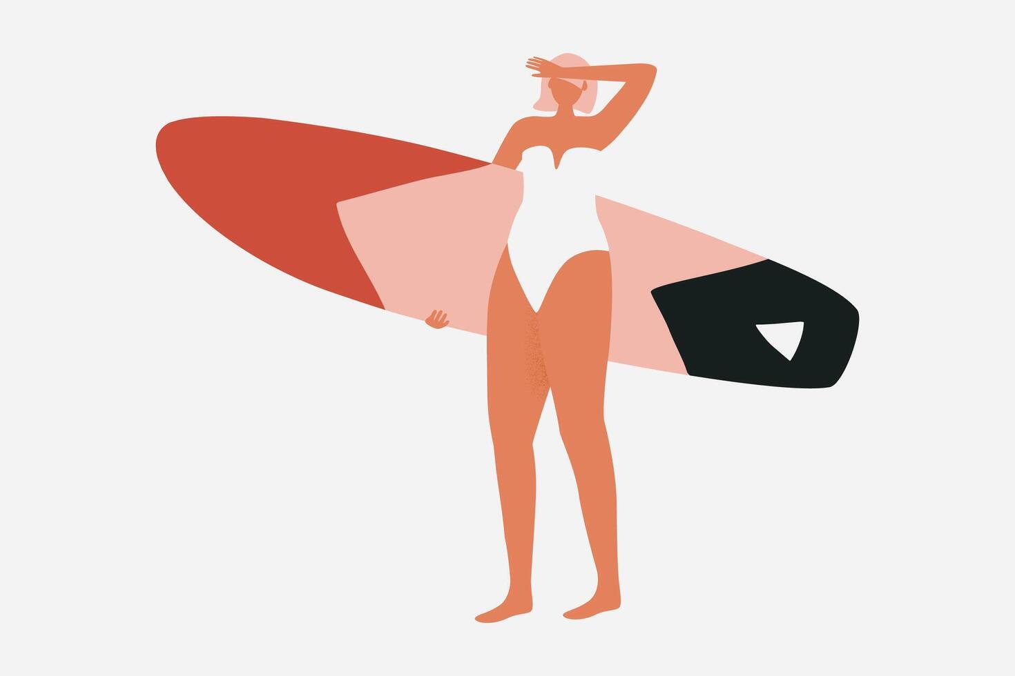 Surfer Mädchen Charakter im retro Bikini mit ein Surfbrett. Sommer- Illustration zum Drucken auf ein t Shirt, Postkarte, Kopfkissen, Poster, Textil- und mehr. Illustration im Hand gezeichnet Stil. vektor