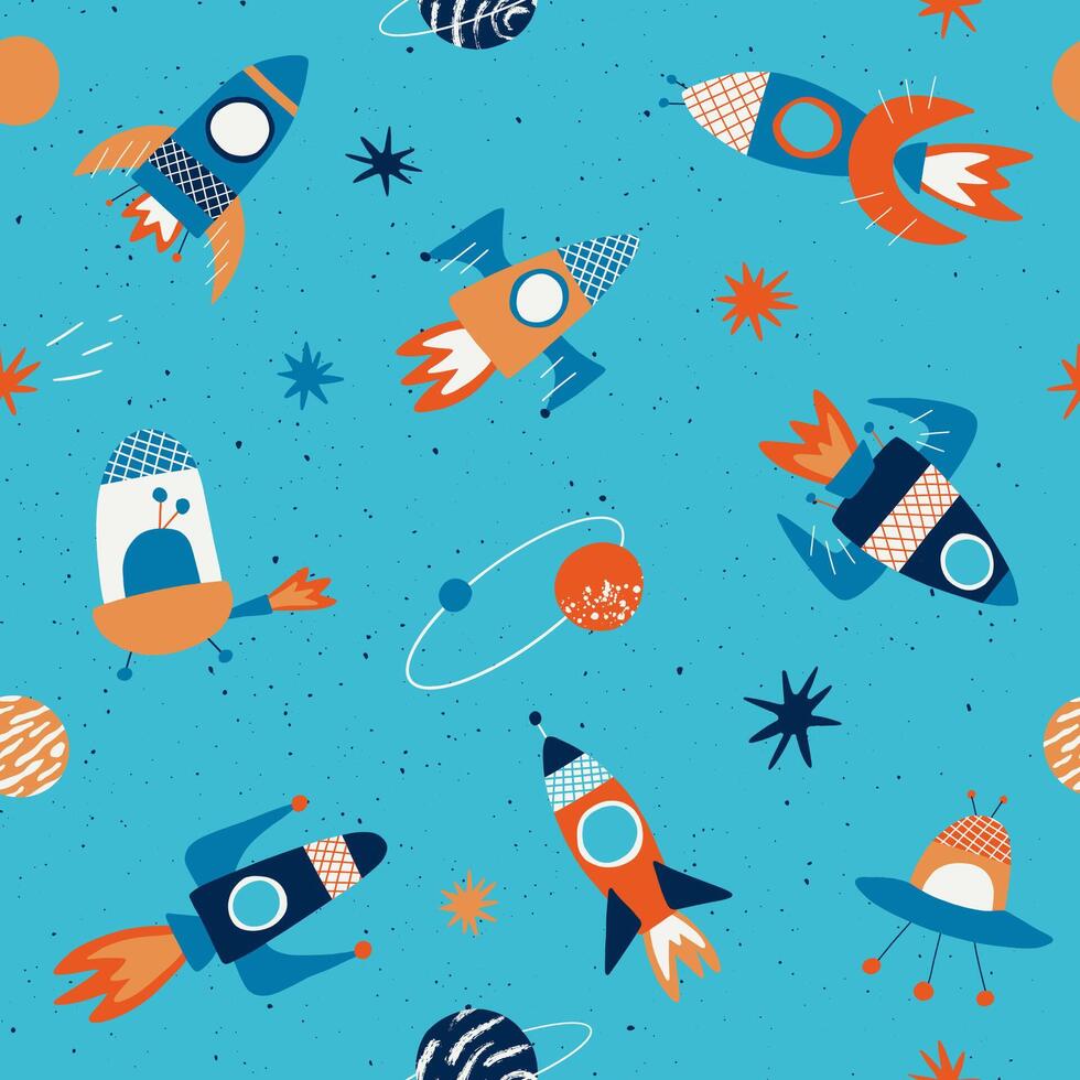 kindisch nahtlos Muster mit Hand gezeichnet Raum Elemente. drucken mit Raketen, Planeten, Sterne, Kometen und ufos. Illustration Design zum Textil- Grafik, Kinder Design, Stoff, Verpackung, Textil. vektor