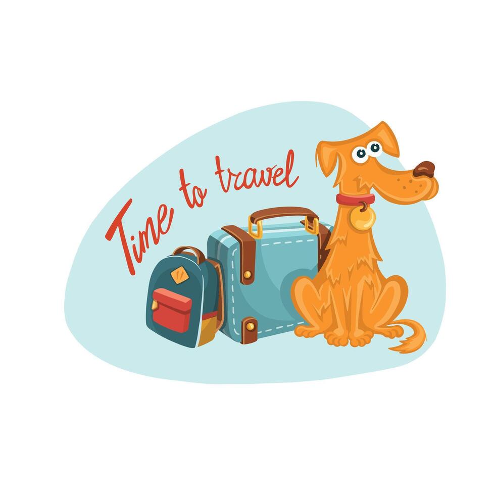 Reisen mit ein Hund, süß Haustier mit Reise Tasche. ein Hündchen ist warten zum ein Flug im Ausland, ein Unterstützung oder Therapie Tier zum ein Reisender auf Flugzeuge. Illustration im eben Stil. vektor