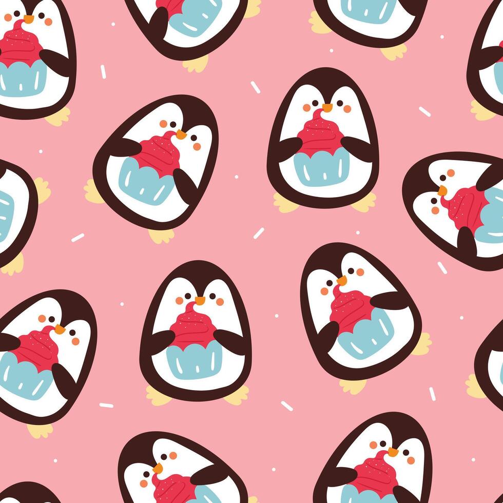nahtlos Muster Karikatur Pinguin halten ein Cupcake. süß Tier Hintergrund Illustration zum Geschenk wickeln Papier vektor
