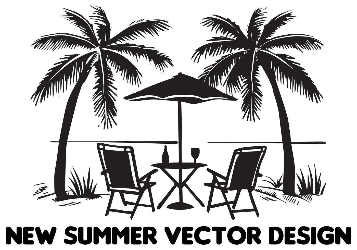 Silhouette Sommer- Design Palme Baum entspannend Mann Vorderseite Tabelle und Regenschirm Mann Strand kostenlos Design vektor