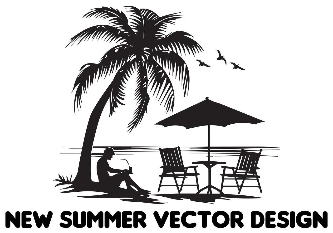 Silhouette Sommer- Design Palme Baum entspannend Mann Vorderseite Tabelle und Regenschirm Mann Strand kostenlos Design vektor