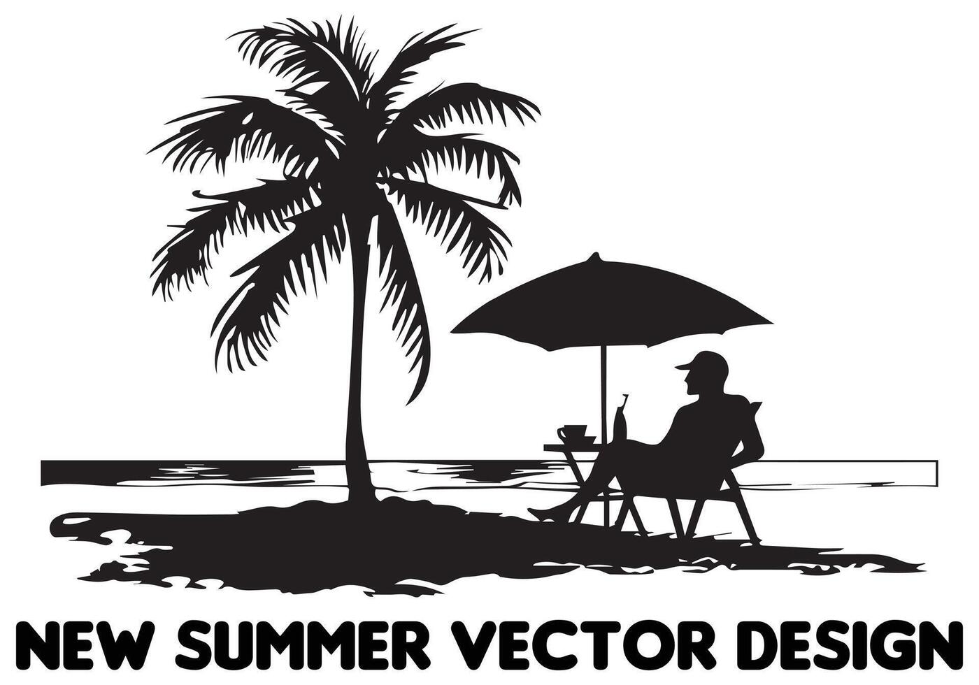 schwarz Silhouette Sommer- Design Palme Baum Sitzung auf Stuhl Vorderseite Tabelle und Regenschirm Mann Strand kostenlos Design vektor