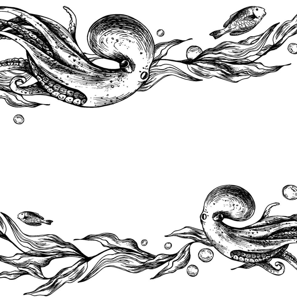 under vattnet värld ClipArt med hav djur bläckfisk, fiskar, bubblor och alger. grafisk illustration hand dragen i svart bläck. mall, ram eps . vektor