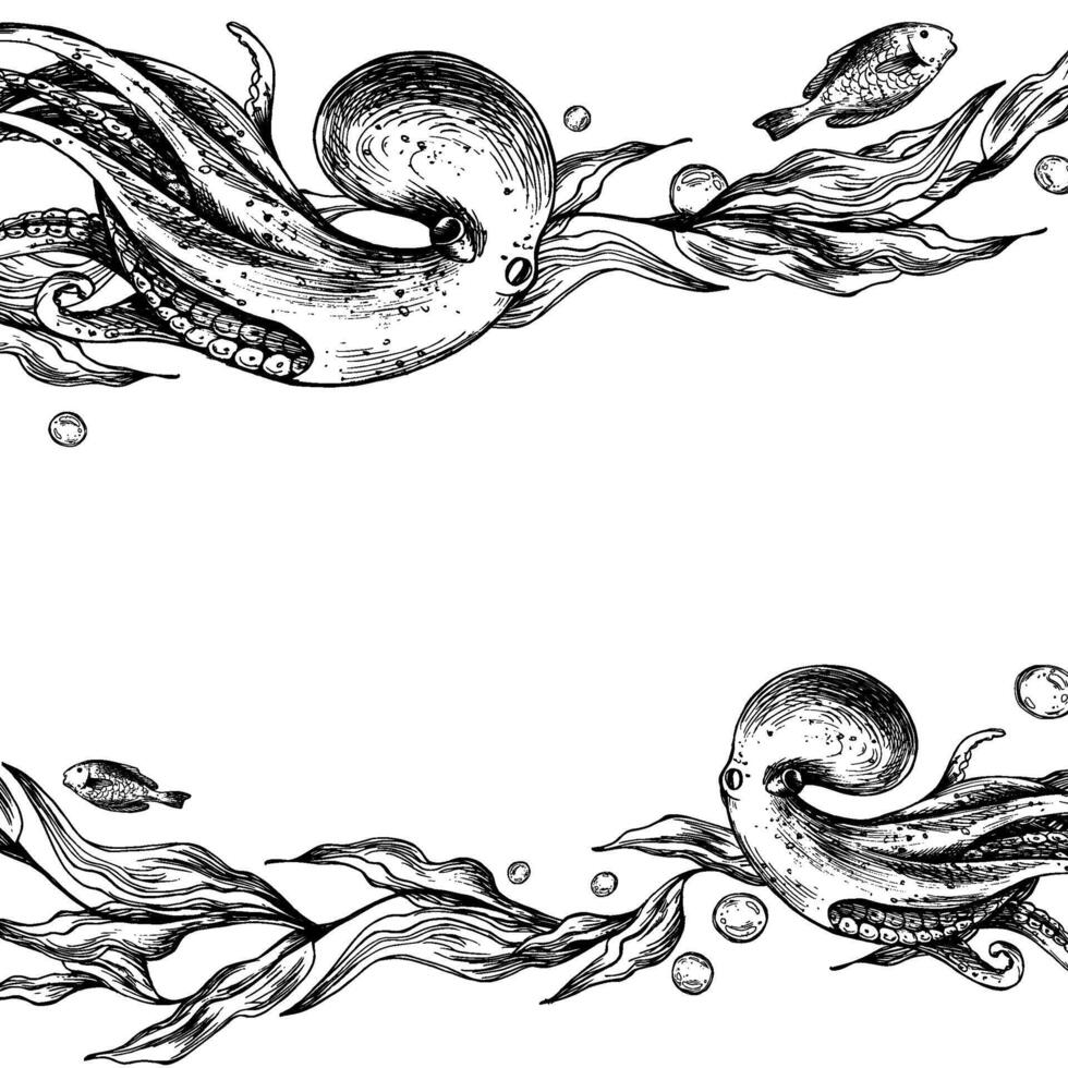 unter Wasser Welt Clip Art mit Meer Tiere Krake, Fische, Luftblasen und Algen. Grafik Illustration Hand gezeichnet im schwarz Tinte. Vorlage, Rahmen eps . vektor