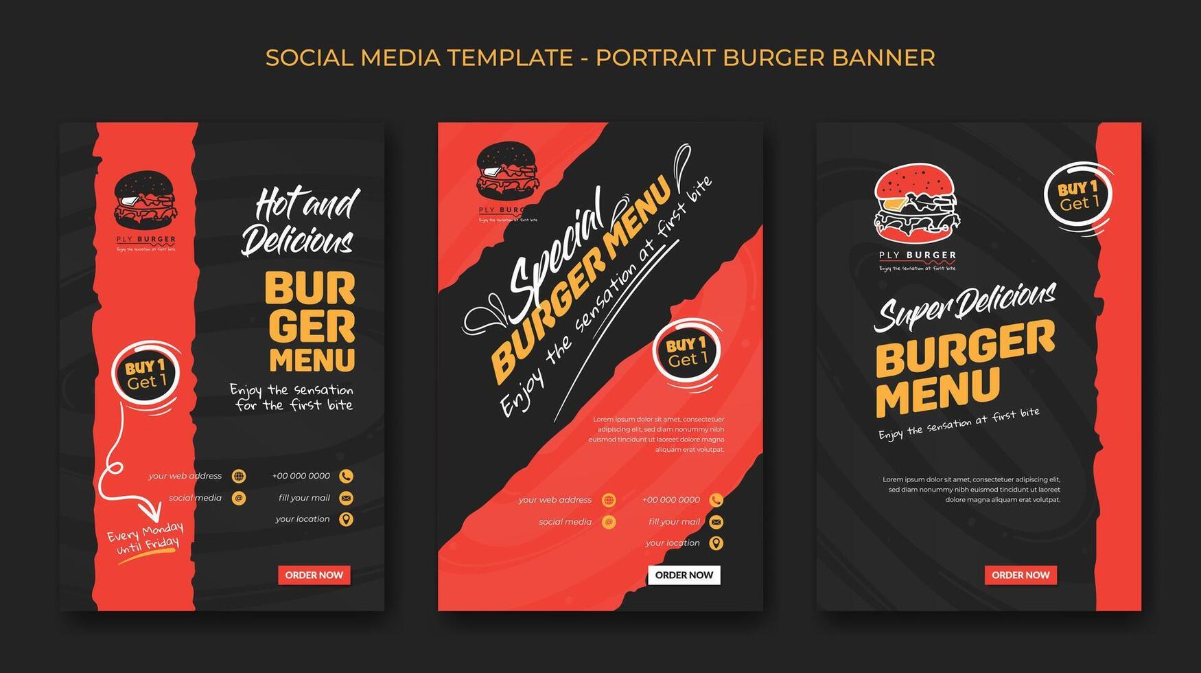 einstellen von Porträt Sozial Medien Post Vorlage mit Burger Symbol Design im schwarz und rot Hintergrund zum schnell Essen Werbung Design vektor