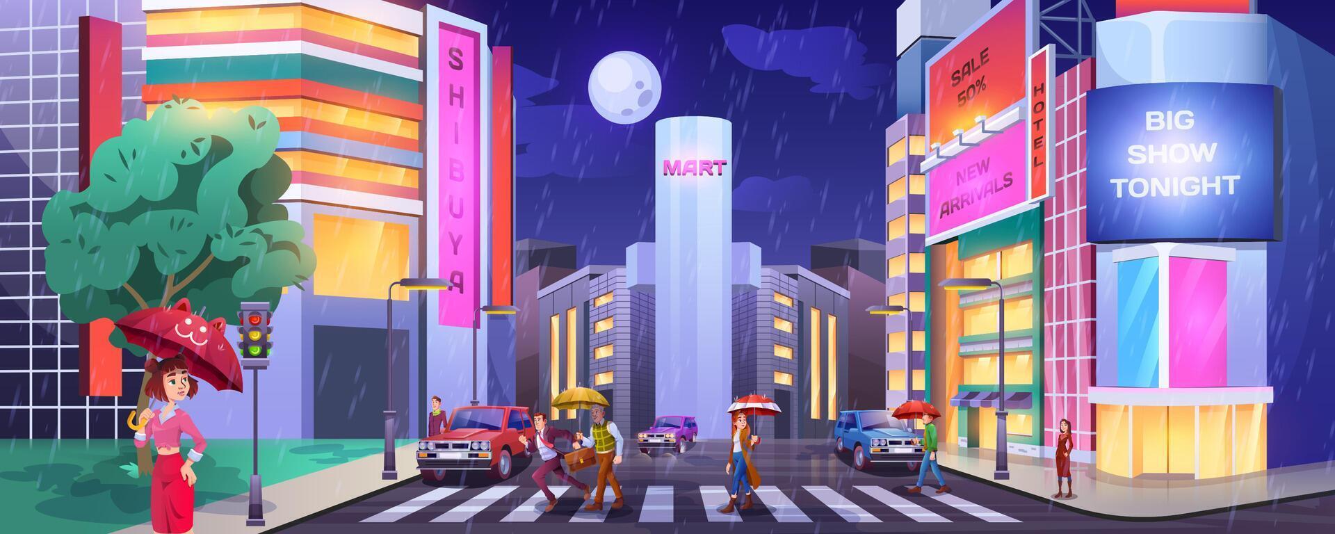 regn i mörk stad. paddlar med paraplyer korsning väg. människor på övergångsställe med bilar. våt och regnig väder i natt stad tecknad serie med hotell, butiker eller Kafé upplyst byggnader fasader. vektor