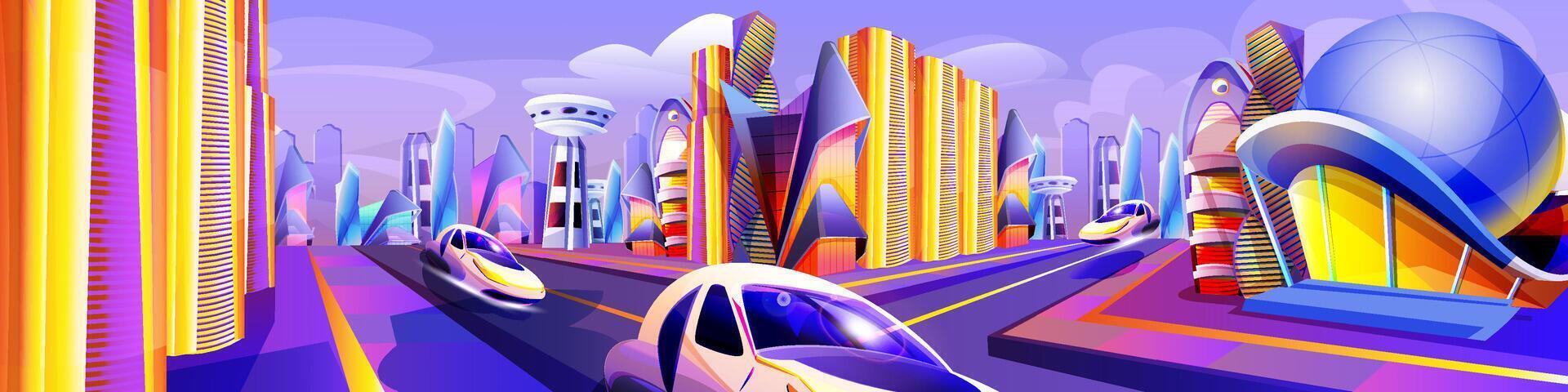 framtida stad med modern flygande bilar av ovanlig former. bil kör väg och trogen glas byggnader. utomjording urban arkitektur skyskrapor eller fantasi stadsbild tecknad serie illustration. vektor