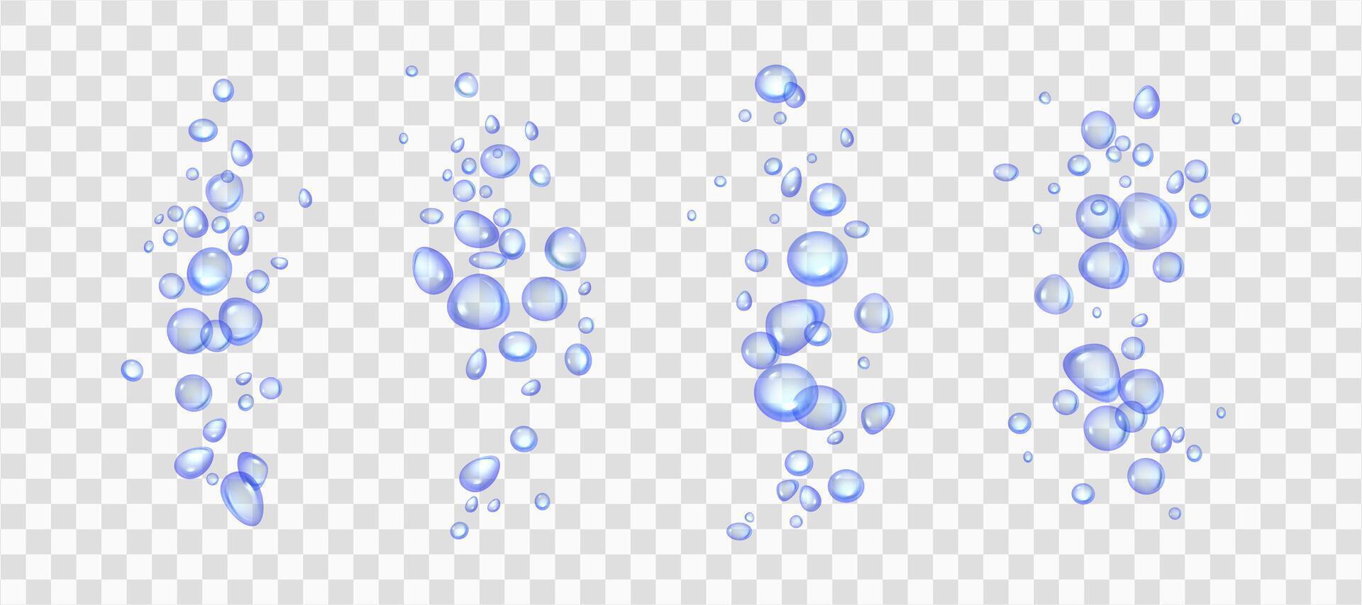 bubblande vatten eller syre fräsa, blå luft bubblor realistisk 3d illustration. rör på sig under vattnet gnistrande på transparent bakgrund. soda eller kolsyrad dryck design element. dynamisk aqua rörelse vektor