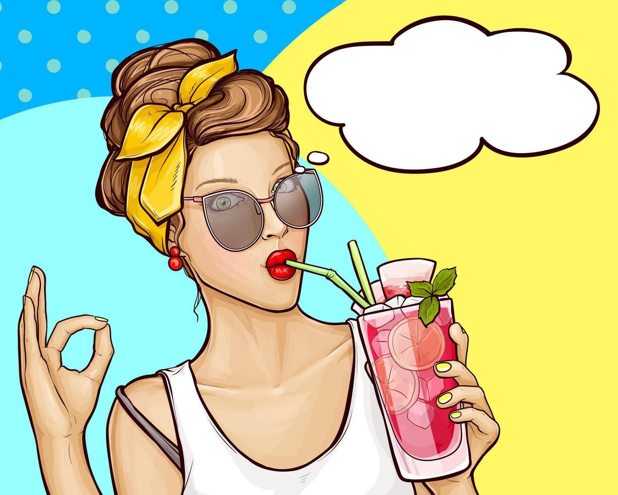 Pop Kunst Illustration von ziemlich Mädchen im Weiß T-Shirt, Sonnenbrille und Stirnband halten ein Cocktail im ihr Hand. Schönheit Frau zeigt an Zeichen in Ordnung und Getränke erfrischend Cocktail durch ein Stroh. vektor