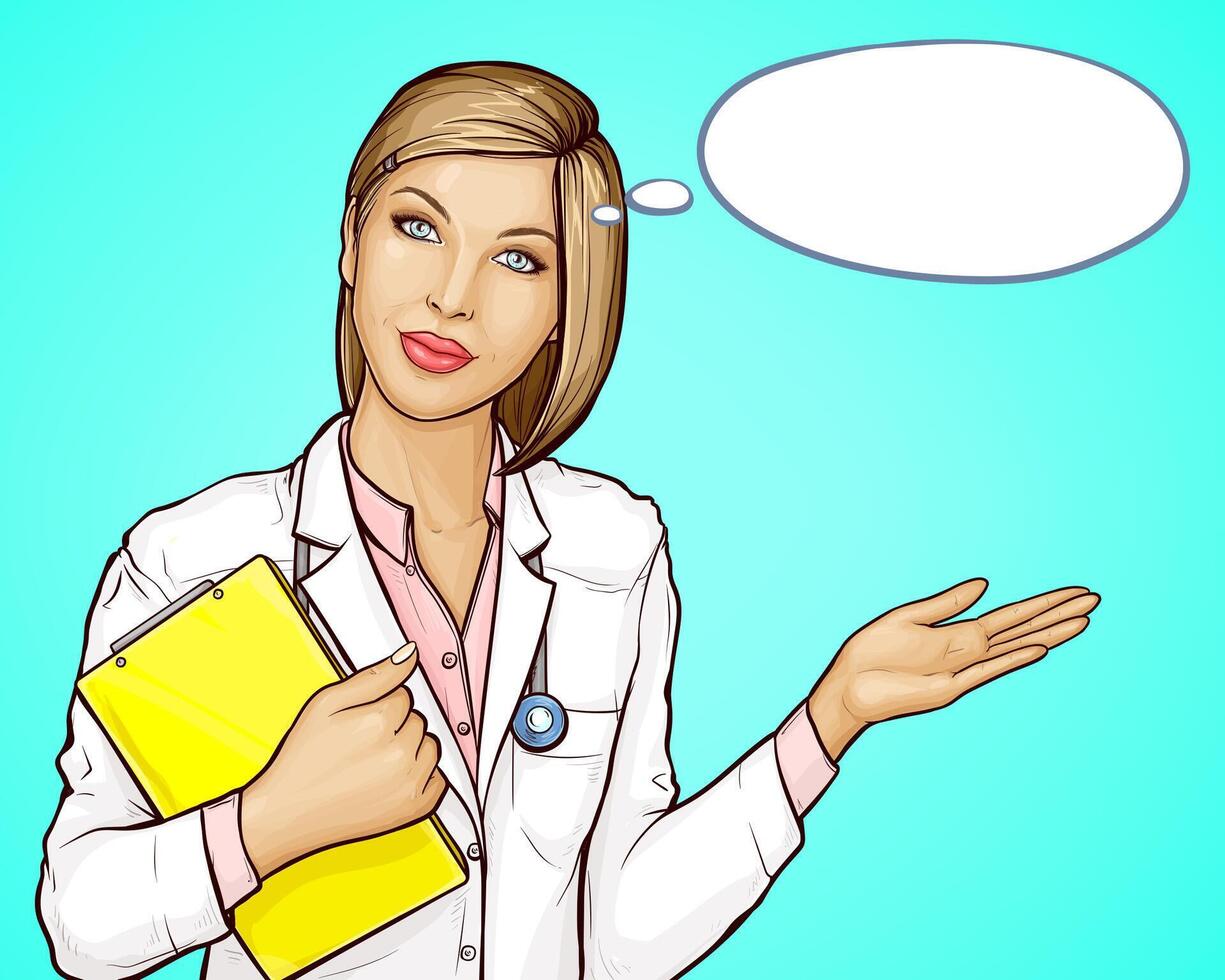 en kvinna läkare i en vit klänning med gul bok, stetoskop på nacke välkomnande de patienter med hand tecken. medicinsk service samråd, diagnostisk pop- konst baner med tror, tala moln. vektor