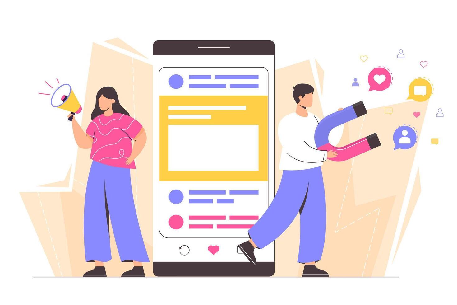 social media marknadsföring. platt tecken locka till sig anhängare. agenter Sök av mål publik, ny prenumeranter, offentlig aktier och gillar. konsument attraktion strategi begrepp. social nätverk befordran. vektor