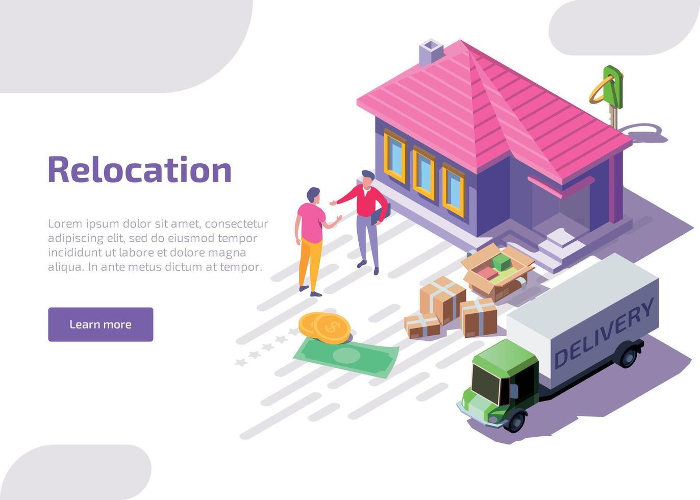 omlokalisering isometrisk webb baner eller landning sida. man stående nära ny egen hus med verklig egendom ombud. rör på sig karaktär till köpt eller hyrd Hem. lastbil bär lådor med saker. vektor