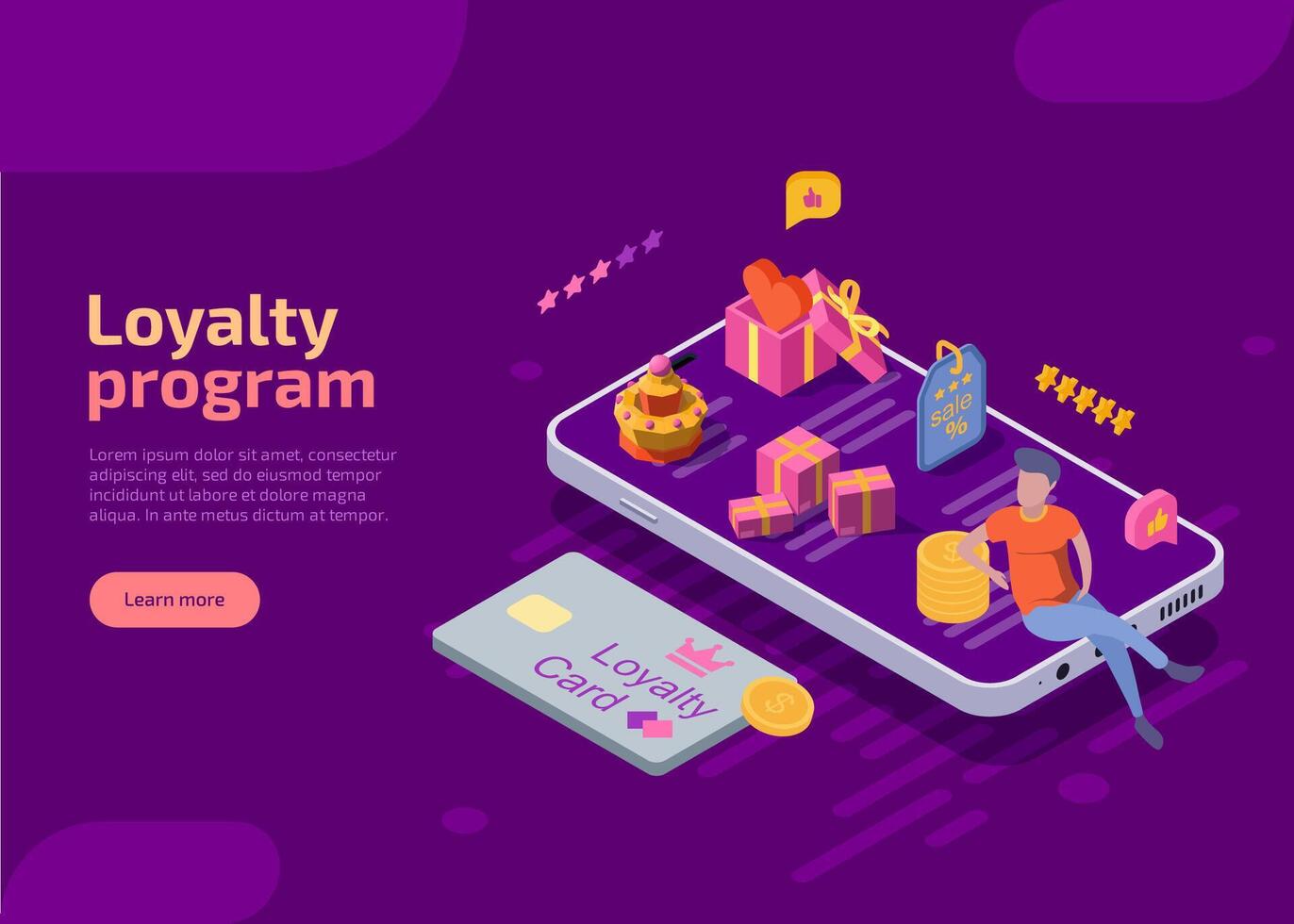 pengar tillbaka, pris eller lojalitet program isometrisk webb baner. rabatt kort och man med kontanter mynt, gåvor på jätte smartphone på violett bakgrund. uppkopplad handla befordran erbjudanden för regelbunden kunder. vektor