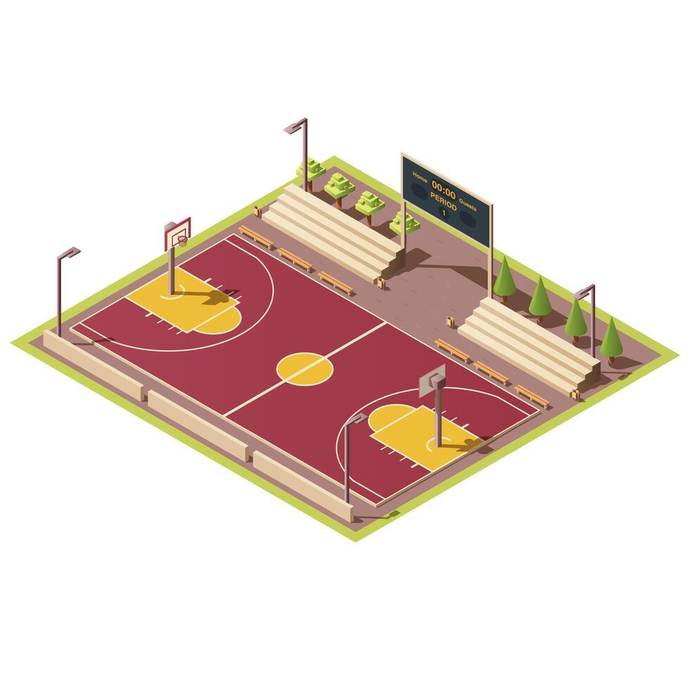 3d isometrisch Stadion mit Feld zum Straße Basketball Spiele, Tribun, Zaun, Anzeigetafel, Korb und Band. leeren Sport Arena mit städtisch Basketball Gericht. Isometrie isoliert auf Weiß Hintergrund. vektor