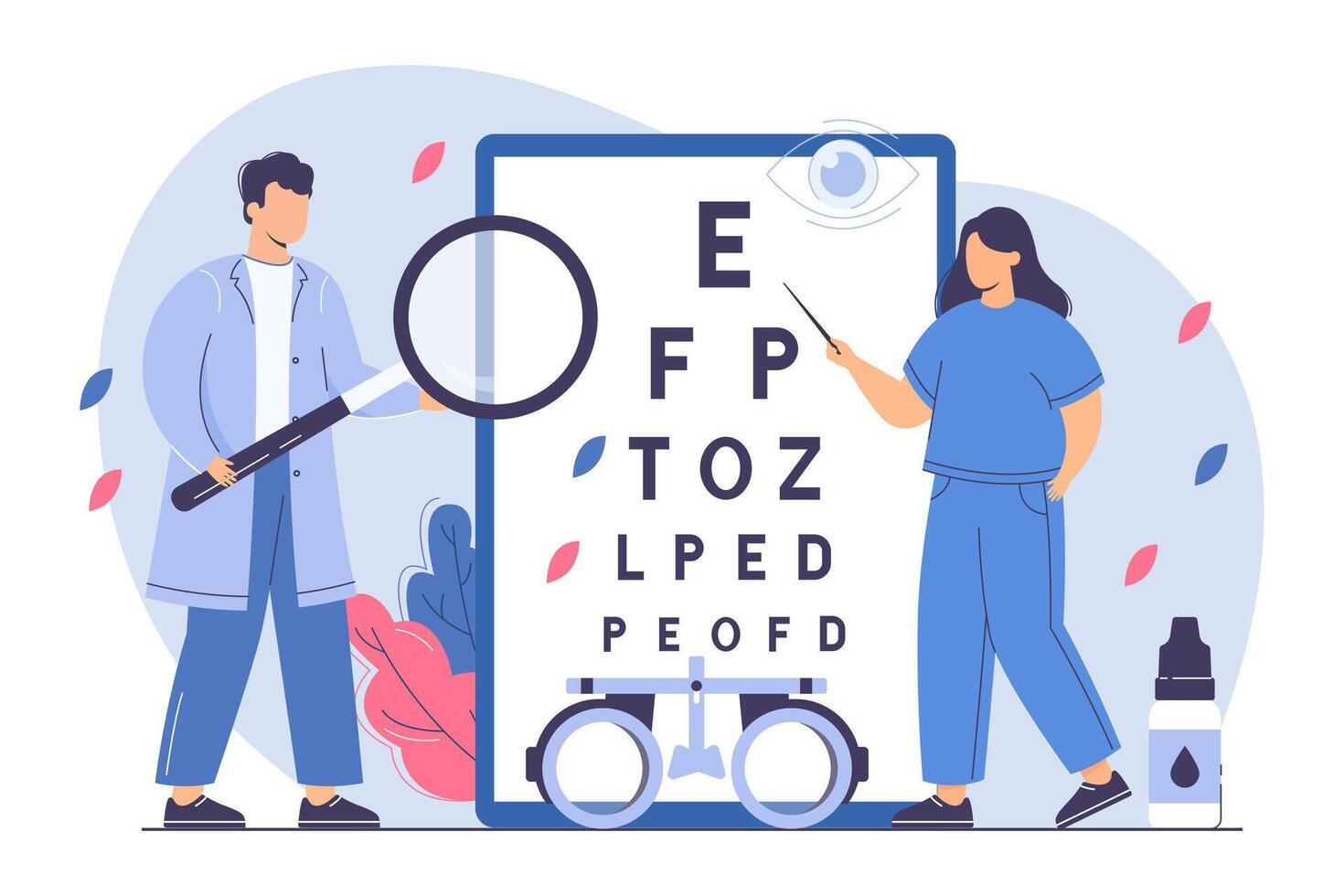 platt ögonläkare kolla upp syn med öga testa Diagram och glasögon. kvinna ögonläkare med pekare mäta visuell skärpa. läkare diagnostisera oftalmisk problem i sjukhus. oftalmisk examen begrepp. vektor