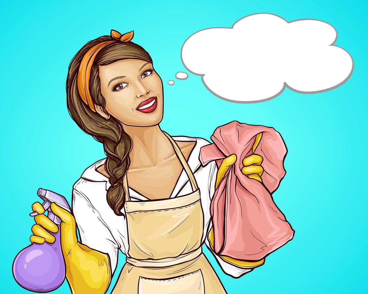Pop Kunst Illustration Werbung ein Reinigung Bedienung mit ein lächelnd Hausfrau. freundlich Arbeiter, ziemlich Frau im ein Uniform und schützend Handschuhe, hält Reinigung Produkte, retro Stil vektor