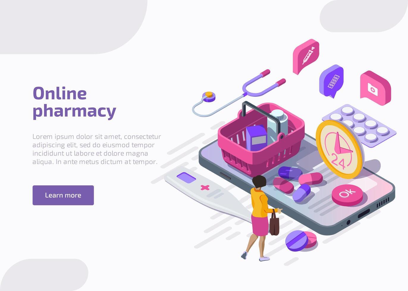 uppkopplad apotek baner. mobil apotek service. landning sida med isometrisk kvinna köpare och smartphone med Ansökan för inköp medicinsk läkemedel, biljard, tabletter och sjukvård Produkter. vektor
