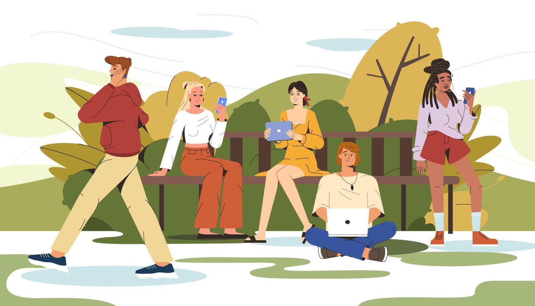 eben Illustration von jung Menschen Sitzung auf Bank im Stadt Park und mit Tablette, Telefon, Laptop. Mann Gehen draußen und reden auf Smartphone. lächelnd modern Zeichen Arbeiten, Lernen oder chatten vektor