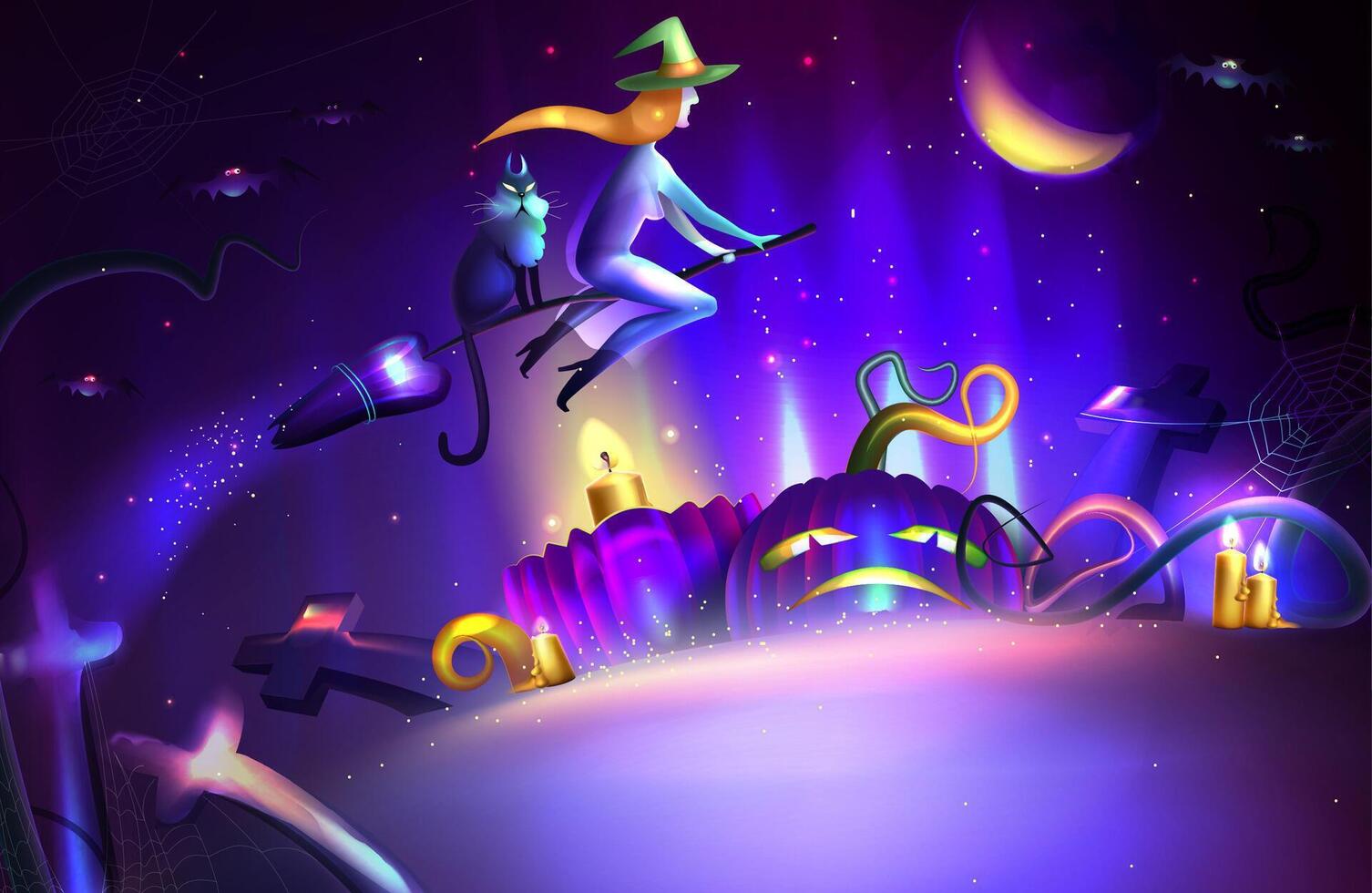 Halloween Nacht Illustration Hintergrund mit fliegend Hexe auf Besen, Mond, Friedhof und Kreuze. unheimlich Charakter auf Besenstiel mit Magie Katze. schrecklich Kürbisse mit Kerzen im das Mondlicht. vektor
