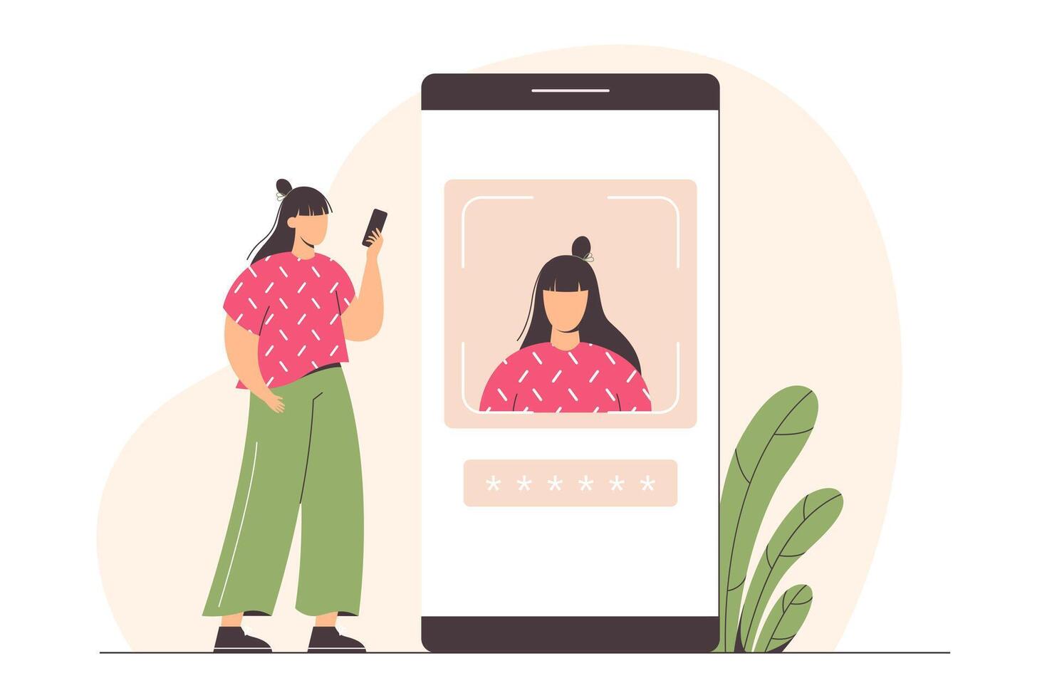 ansikte igenkännande teknologi eller personlig verifiering. platt kvinna karaktär med telefon. ansiktsbehandling biometrisk Identifiering läser in systemet på smartphone. mobil data skydd och säkerhet begrepp. vektor