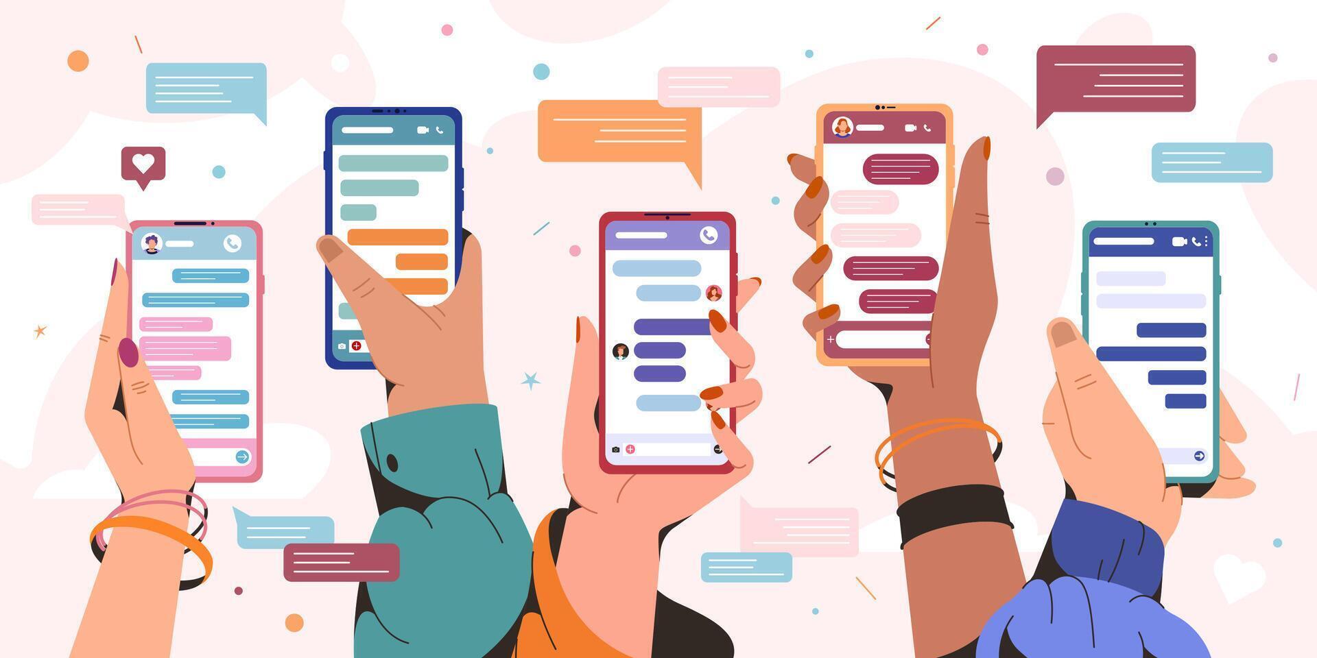 händer innehav smartphones med meddelande Diagram. människor chattar med vänner och sändning ny meddelanden. SMS bubblor lådor på mobil telefon skärm. social media kommunikation begrepp i platt stil. vektor