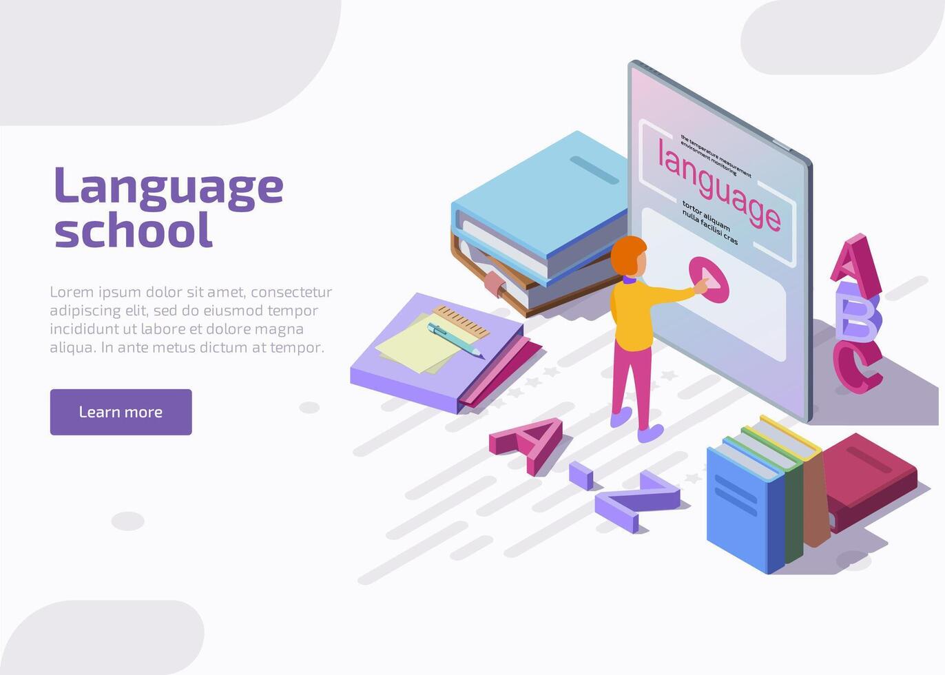 språk skola isometrisk landning sida. isometrisk karaktär inlärning engelsk genom Ansökan på läsplatta. uppkopplad utbildning, Träning eller e-learning kurser, universitet lektion för baner och hemsida. vektor