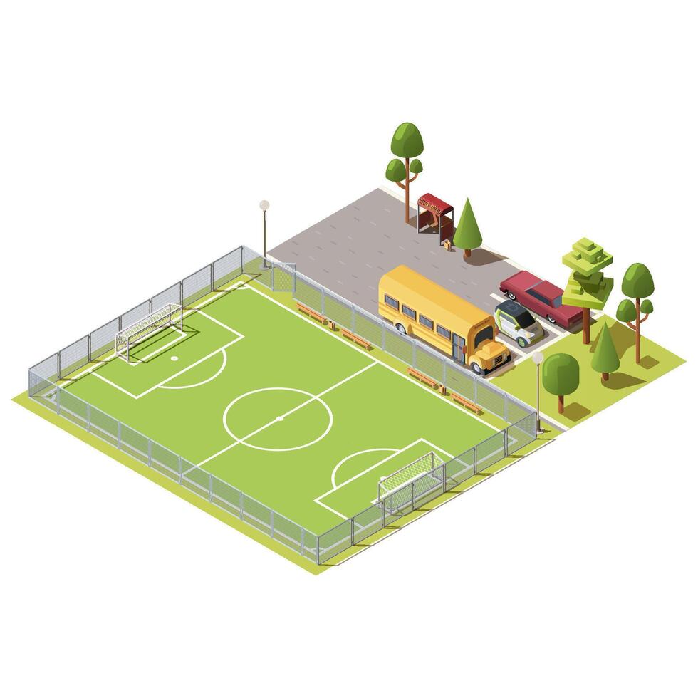 3d isometrisch Feld zum Fußball Spiele, Parkplatz mit Autos, Gelb Schule Bus und Straße mit Bus stoppen. Grün Feld zum Sport in der Nähe von Asphalt Weg, Stadt Konzept. Isometrie isoliert auf Weiß Hintergrund. vektor