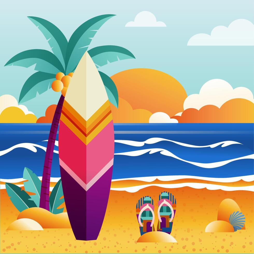 ein Gradient Illustration abbilden ein Sommer- Strand Landschaft mit Palme Bäume und ein Surfbrett vektor