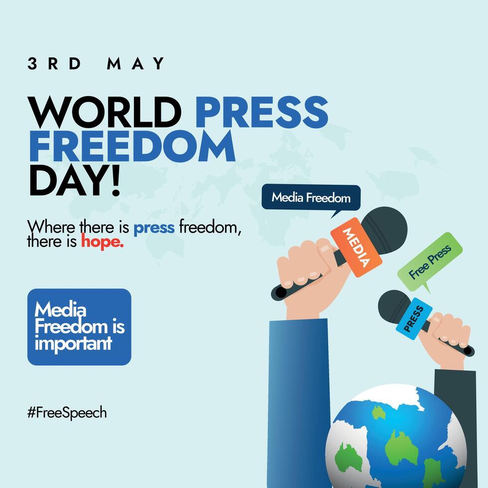värld Tryck frihet dag. 3:e Maj är en media dag medvetenhet social media posta med händer innehav Tryck mikrofon, jord klot värld Karta och Tal bubblor. Tryck frihet medvetenhet vektor