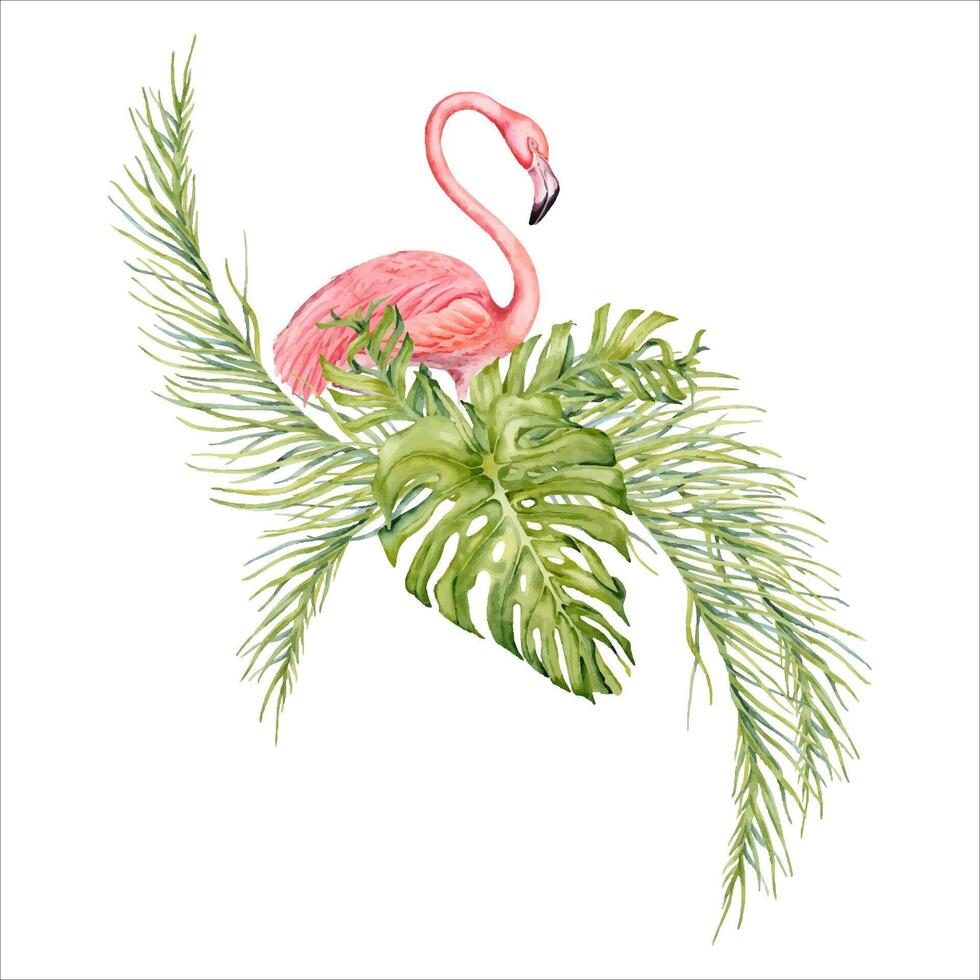 rosa flamingo fågel med banan och handflatan träd grenar med monstera löv vattenfärg sammansättning. hand dragen illustration isolerat på vit bakgrund. för tropisk kort, strand mönster och grafik vektor