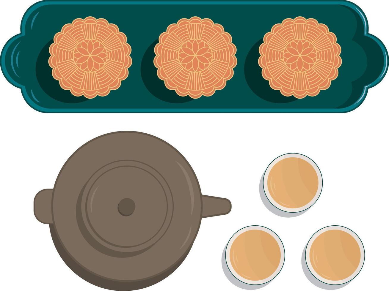 Mond Kuchen traditionell Dessert und Tee Tasse Teekanne Illustration Grafik Element Kunst Karte vektor