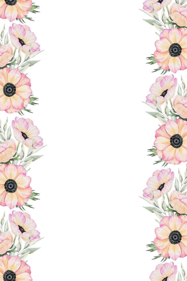Anemone Rose Blumen und Blätter. isoliert Hand gezeichnet Aquarell Rahmen von Rosa Mohn. Sommer- Blumen- Kranz zum Hochzeit Einladungen, Karten, Verpackung von Waren vektor