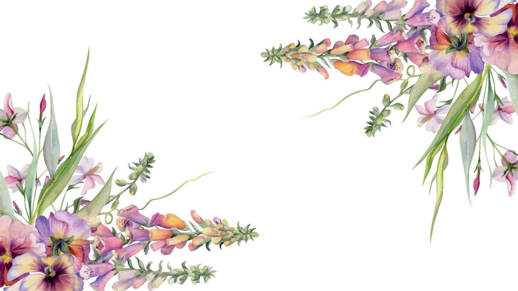 Hand gezeichnet Aquarell Illustration botanisch Blumen Blätter. Fingerhut Löwenmaul Lupine, mauve Stiefmütterchen Viola, Weide Eukalyptus Geäst, Akelei. Rahmen isoliert auf Weiß. Design Hochzeit, Liebe Karten vektor