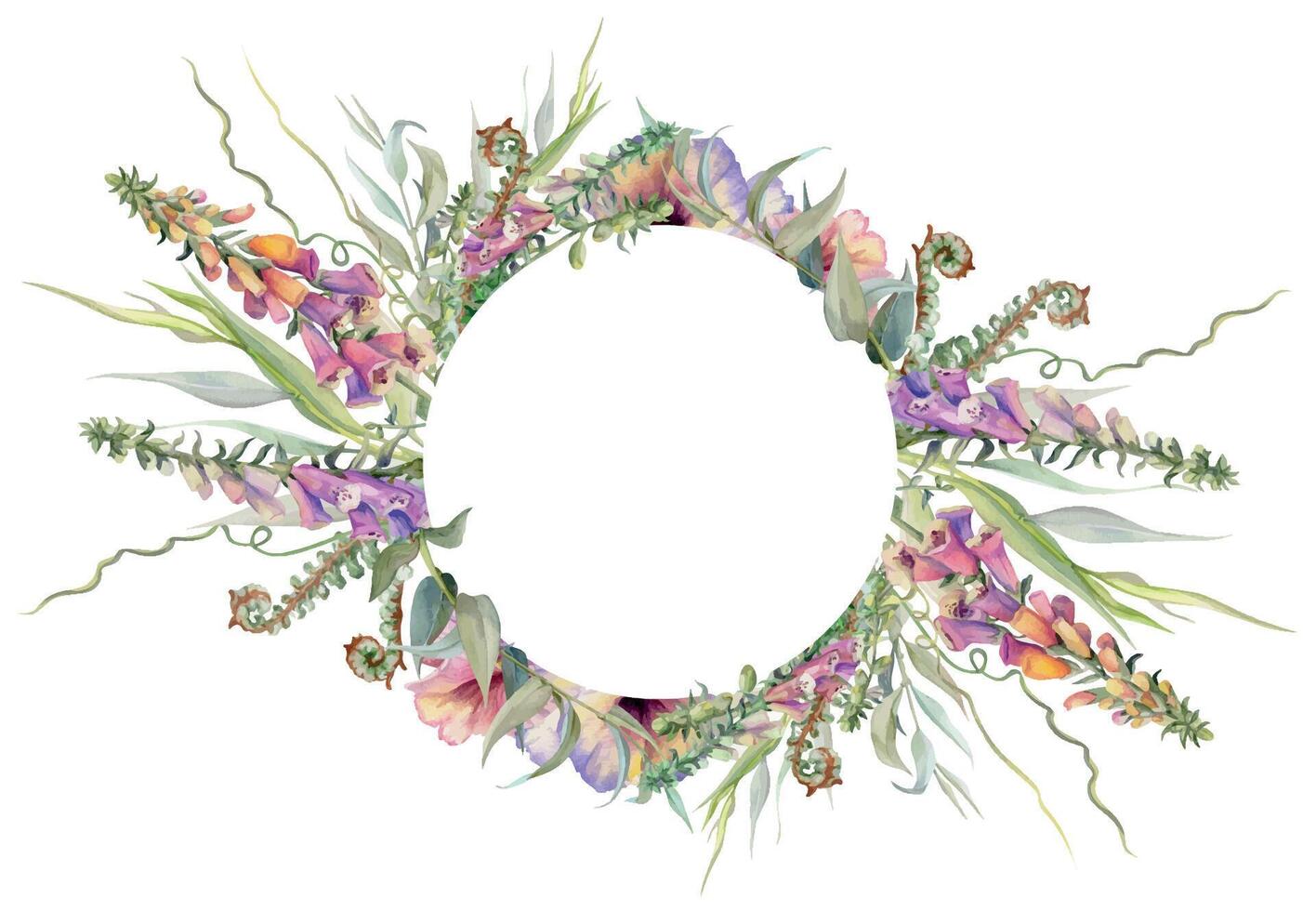 Hand gezeichnet Aquarell Illustration botanisch Blumen Blätter. Weide Eukalyptus Zweig, ranken, Farn schießt, Fingerhut Löwenmaul Lupine. Kranz isoliert auf Weiß Hintergrund. Design Hochzeit, Liebe Karten vektor