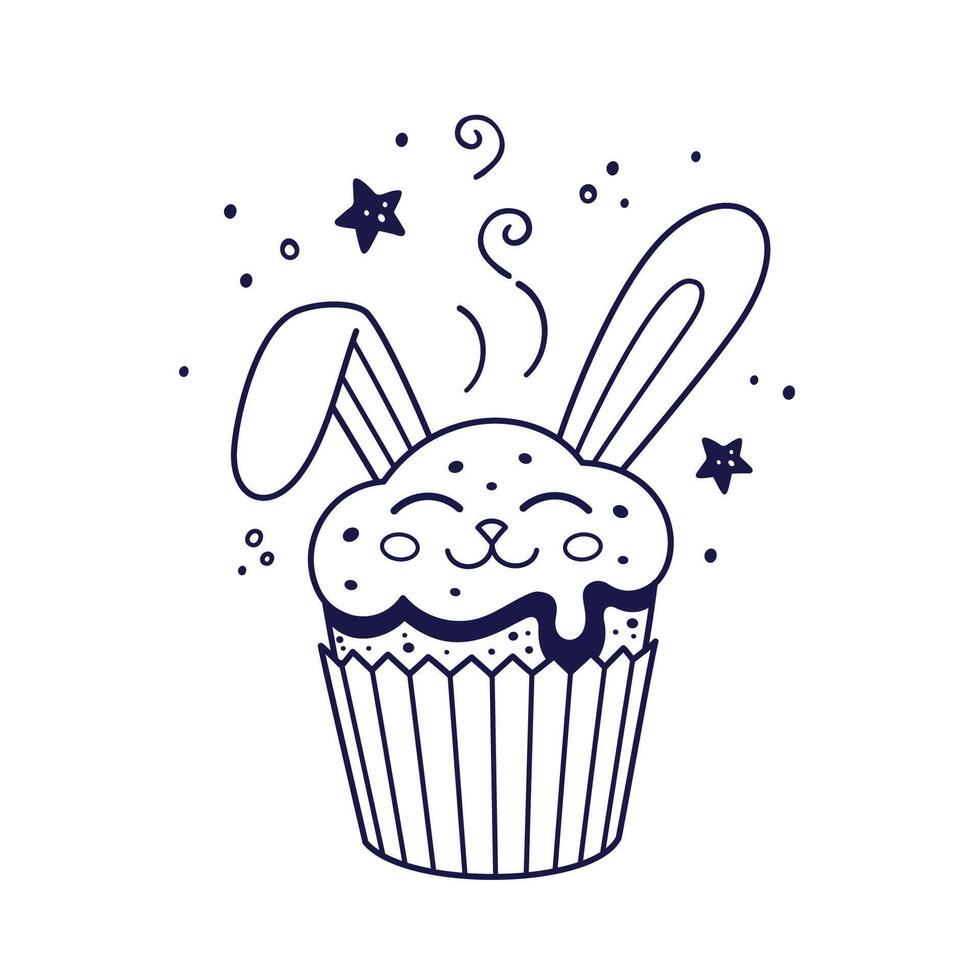 Ostern Kuchen mit Sahne Hase Ohr im Karikatur Stil. Ostern Gebäck mit Hase Ohren. Gekritzel Stil. Hand gezeichnet Linie Kunst Illustration isoliert auf Weiß Hintergrund. Kinder Färbung Buch. vektor