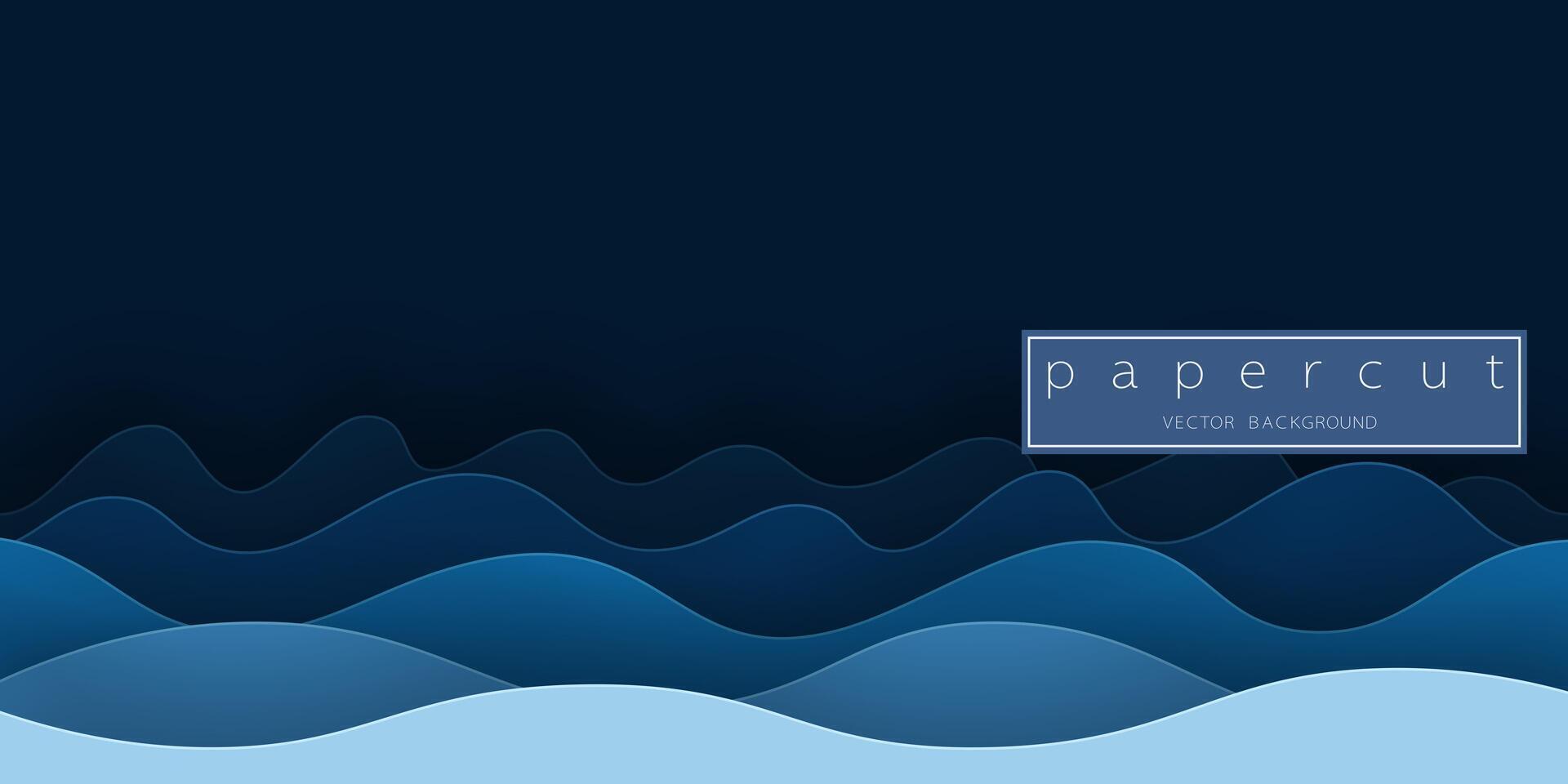 Papier Schnitt tief Blau Wasser Welle auf dunkel Blau Hintergrund. ausgeschnitten minimalistisch Luxus geschichtet Ozean Wellen . 3d Rahmen Symbol zum Plakate und Flyer, Präsentation, Netz, Sozial Medien, Design und Banner. vektor