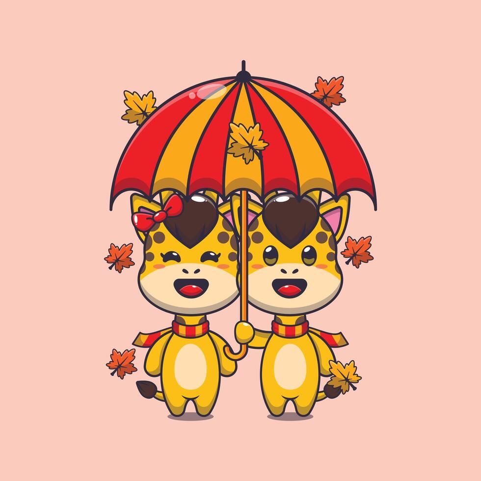 süß Paar Giraffe mit Regenschirm beim Herbst Jahreszeit Karikatur Illustration. vektor