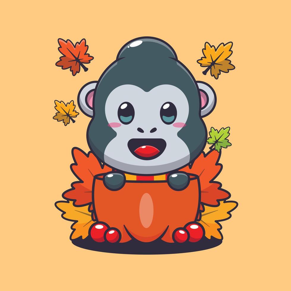 süß Gorilla im ein Kürbis beim Herbst Jahreszeit Karikatur Illustration. vektor