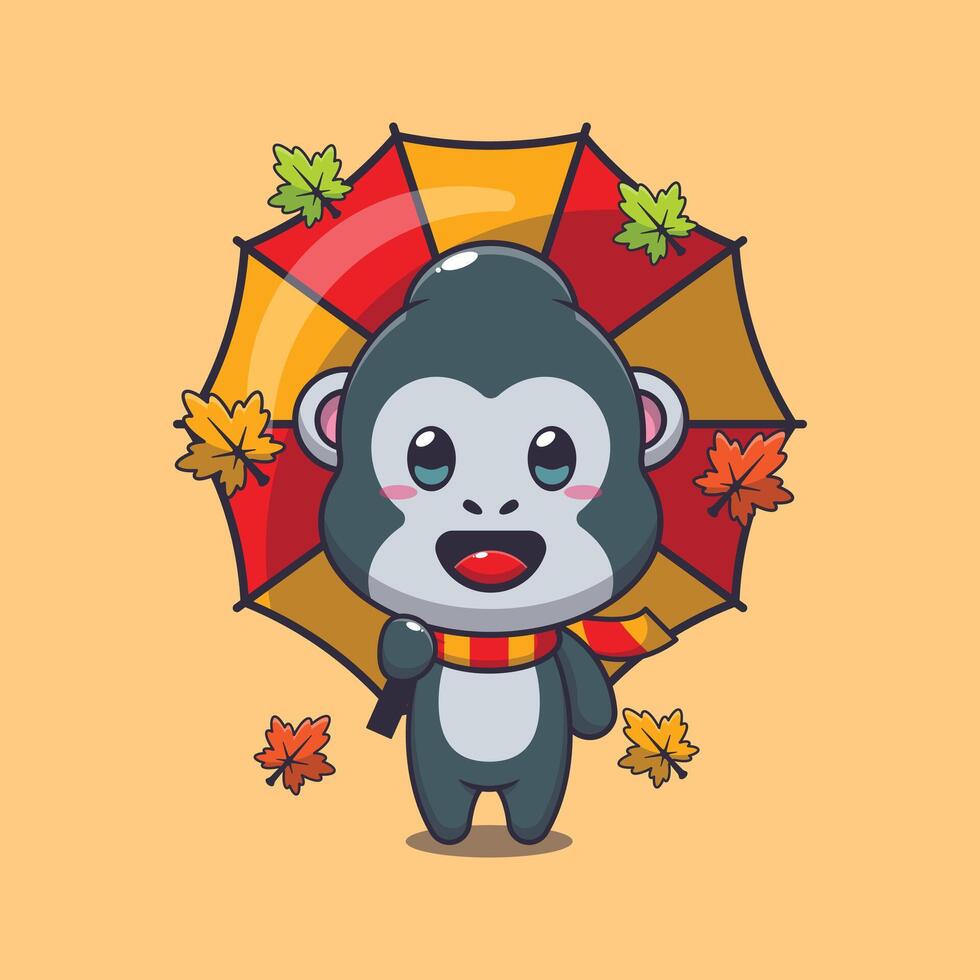 süß Gorilla mit Regenschirm beim Herbst Jahreszeit Karikatur Illustration. vektor