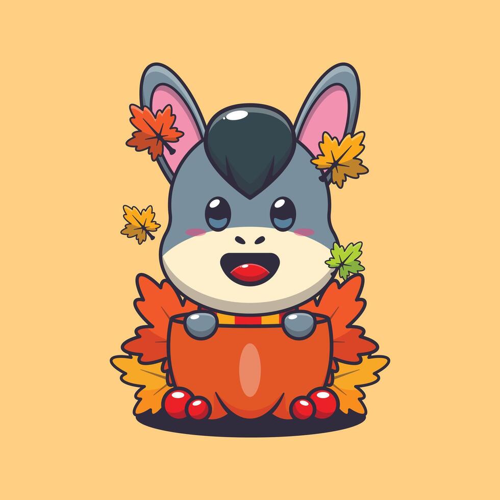 süß Esel im ein Kürbis beim Herbst Jahreszeit. Maskottchen Karikatur Illustration geeignet zum Poster, Broschüre, Netz, Maskottchen, Aufkleber, Logo und Symbol. vektor