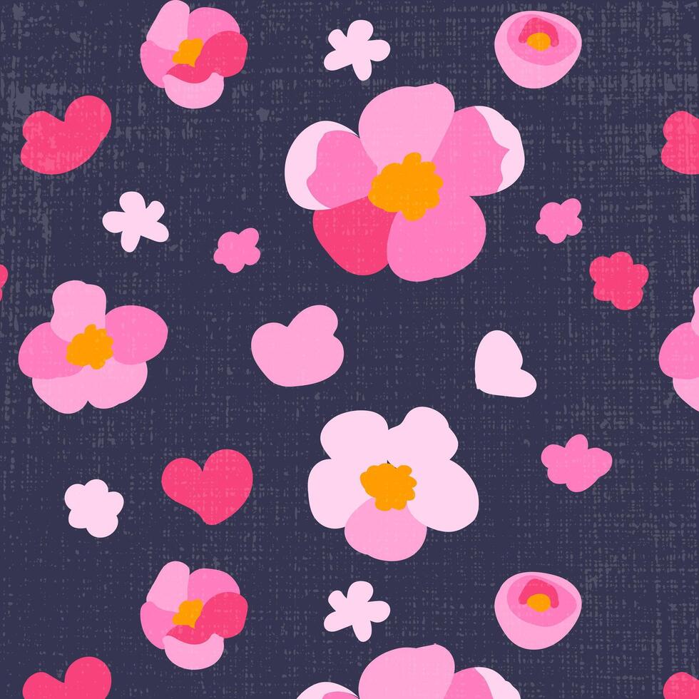 nahtlos Muster Sakura Blumen dunkel Hintergrund Textur Hand gezeichnet Rosa Kirsche Blütenblätter hell Ornament Illustration vektor